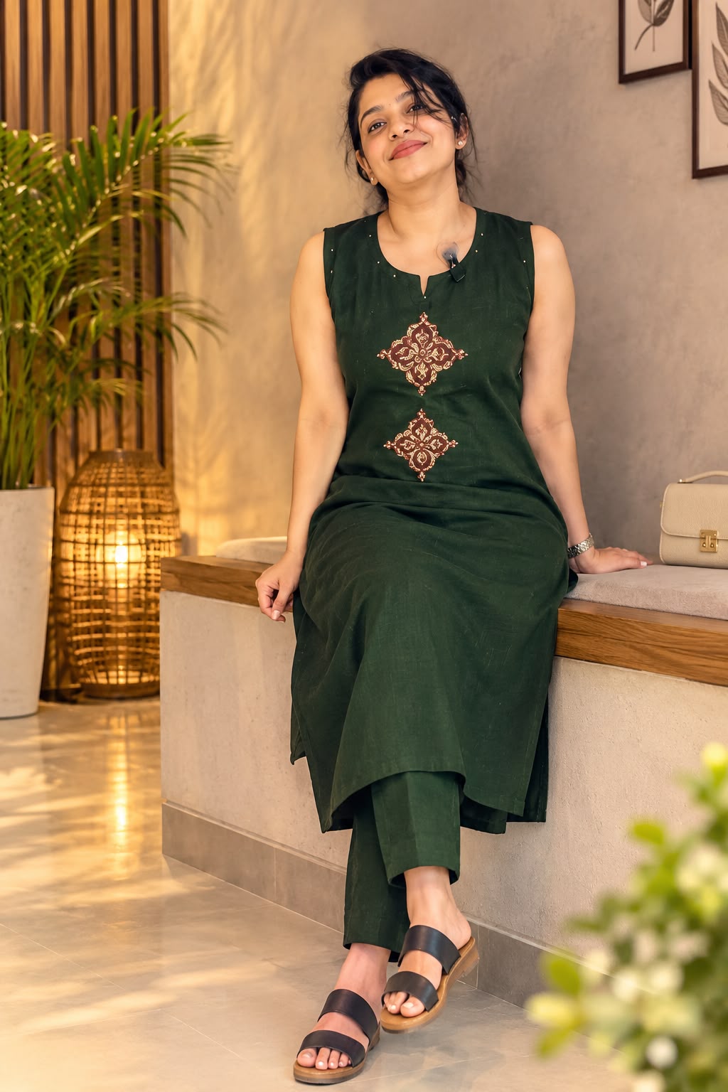 Elegant Dark Green Embroidered Women's Cord Set Cotton